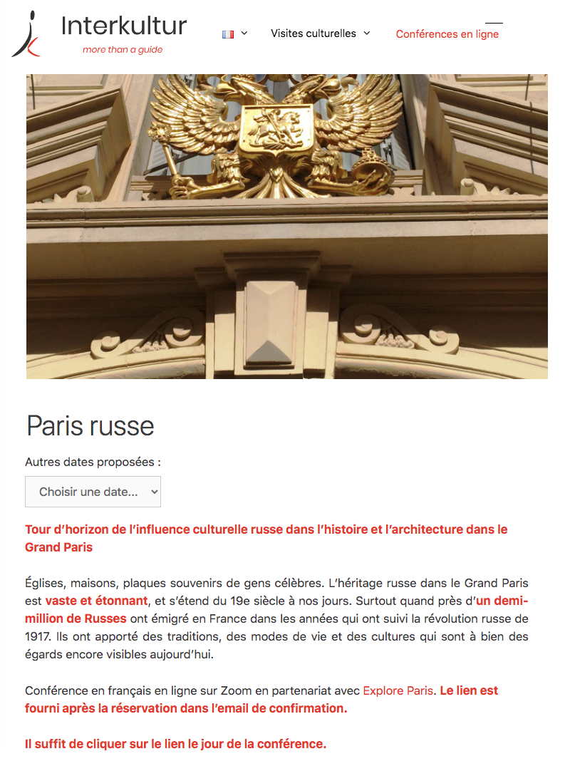 Page Internet. Zoom en-ligne - Paris russe, par le guide conférencier Thierry Heil. 2021-03-29